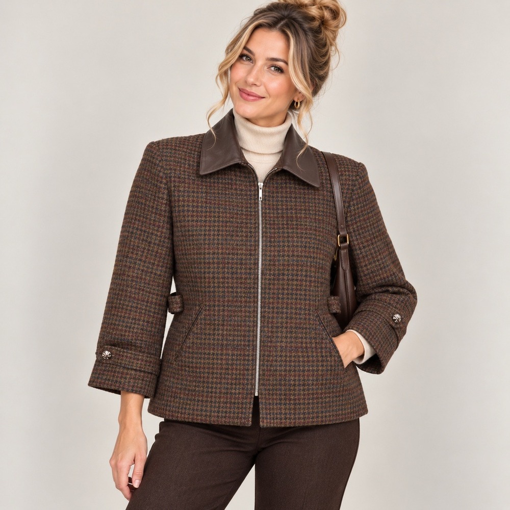 Vintage International Scene Brown Tweed Wool Leather Collar Jacket Luxury 11/12 - Picture 2 of 14